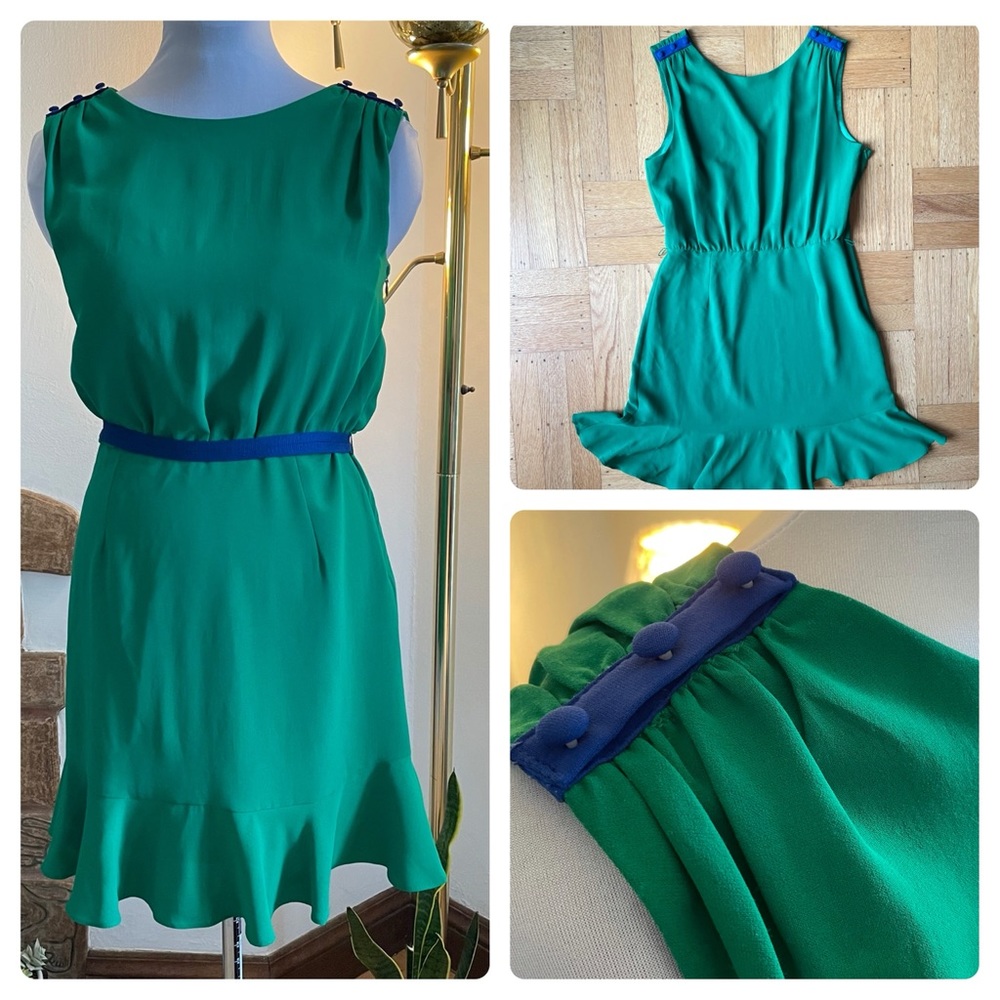Green Sleeveless Flouncy Dress with Blue Details